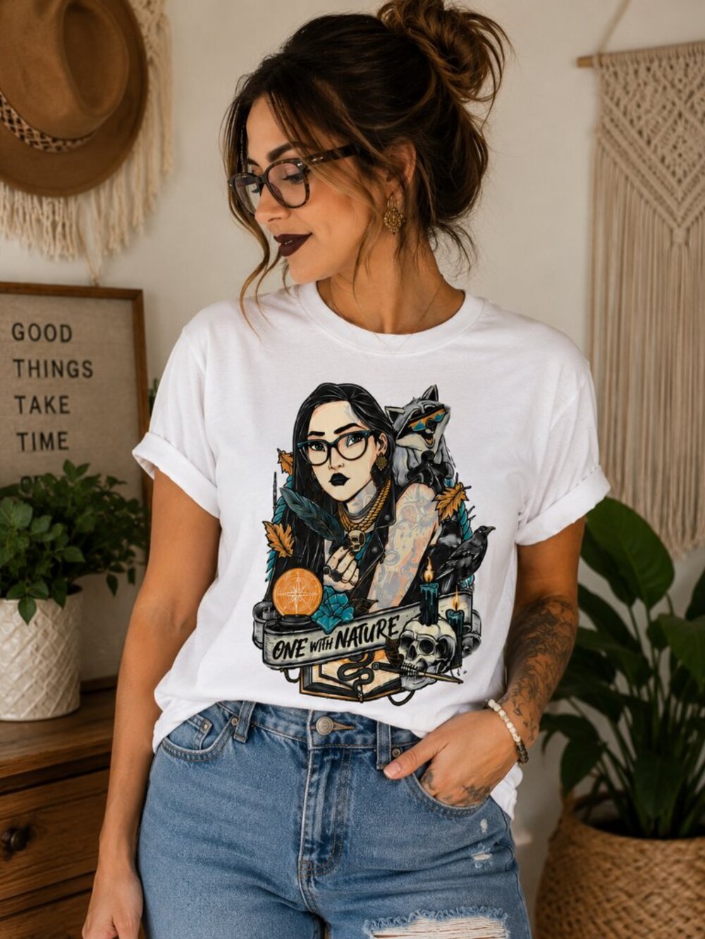 Medium Gothic Boho Nature Graphic Tee | Woodland Witch Aesthetic | White Shirt